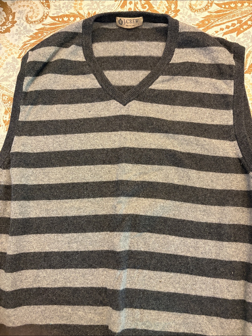 J. Crew Men's Gray and Navy Striped V-Neck Sweater Vest
